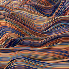 Abstract, fluid, wavy and colorful 3D background lines texture. Modern and contemporary feel. Metallic, iridescent and reflective with shades of orange, blue, yellow, black