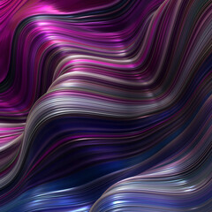 Abstract, fluid, wavy and colorful 3D background lines texture. Modern and contemporary feel. Metallic, iridescent and reflective with shades of purple, magenta, pink, white, black