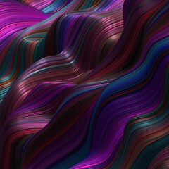Abstract, fluid, wavy and colorful 3D background lines texture. Modern and contemporary feel. Metallic, iridescent and reflective with shades of purple, magenta, blue, yellow