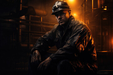 Fototapeta na wymiar Photo of oil worker man in front of dark atmosphere background