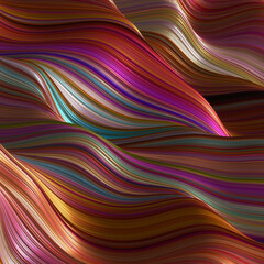 Abstract, fluid, wavy and colorful 3D background lines texture. Modern and contemporary feel. Metallic, iridescent and reflective with shades of magenta, orange, yellow, green