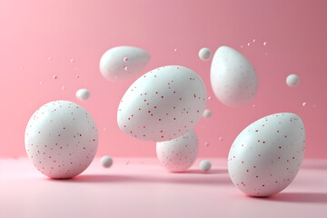 Stylish Easter card with levitating Easter eggs in minimalism on a pink background.