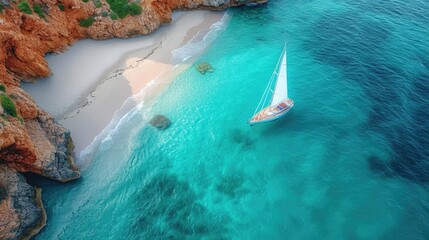 An aerial view of a sailboat in the ocean
