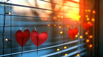 Three Red Hearts Hanging on String in Front of Window