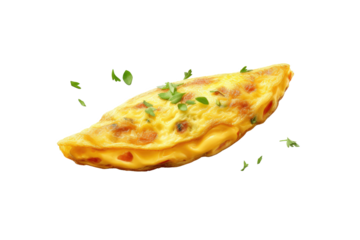 Tasty yellow Omelet or scrambled  egg with pepper and herbs isolated on transparent png background, Healthy omelet, breakfast time.