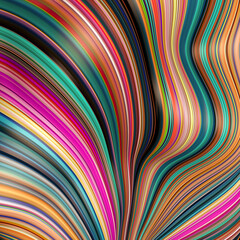 Abstract, fluid, wavy and colorful 3D background lines texture. Modern and contemporary feel. Metallic, iridescent and reflective with shades of green, magenta, yellow, orange, black