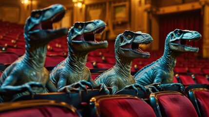Fototapeta na wymiar A group of dinosaurs sitting in a movie theater