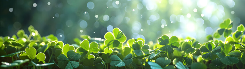 happy new year banner with four-leaf clover as a lucky charm on blurred background	