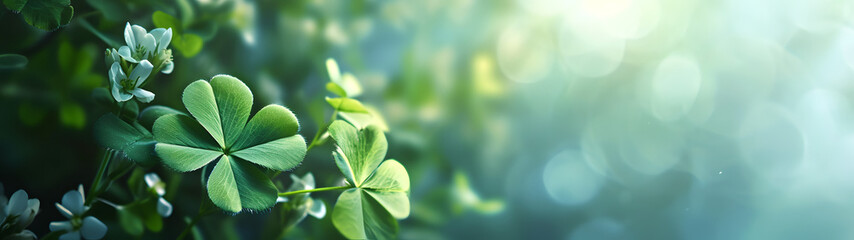 happy new year banner with four-leaf clover as a lucky charm on blurred background	 - obrazy, fototapety, plakaty