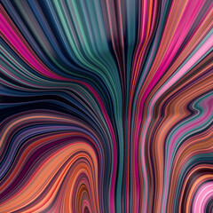 Abstract, fluid, wavy and colorful 3D background lines texture. Modern and contemporary feel. Metallic, iridescent and reflective with shades of green, orange, cyan, black