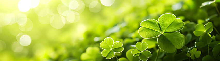 happy new year banner with four-leaf clover as a lucky charm on blurred background	 - obrazy, fototapety, plakaty