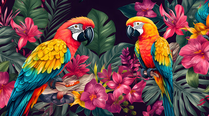 A lush illustration of colorful macaws among vibrant tropical flowers and foliage.