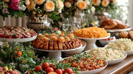A wedding buffet with delicate dishes lined up on a table, generative ai