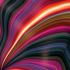 Abstract, fluid, wavy and colorful 3D background lines texture. Modern and contemporary feel. Metallic, iridescent and reflective with shades of magenta, pink, orange, yellow, black