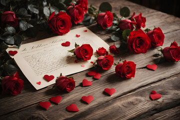 Valentine week, Love Background of a romantic setting with red roses, a love letter, and small heart shapes scattered around on a wooden surface.