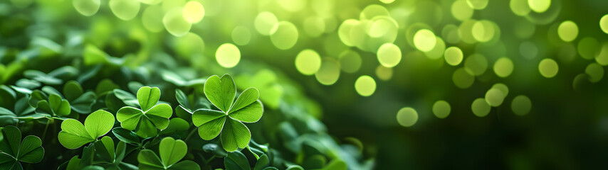 happy new year banner with four-leaf clover as a lucky charm on blurred background	