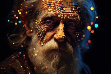 Photo of old man with his face illuminated by bright neon lights