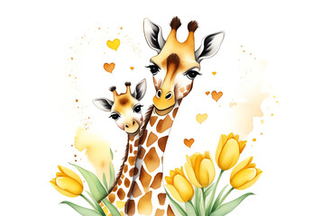 mother giraffe with her baby in yellow tulips - obrazy, fototapety, plakaty