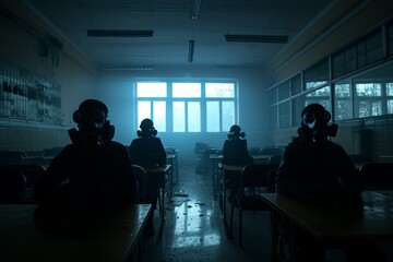 students with sovietic gas mask sitting at classroom desks
