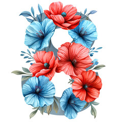 The number 8 consists of red and blue flowers in watercolor style with space for text on white background 