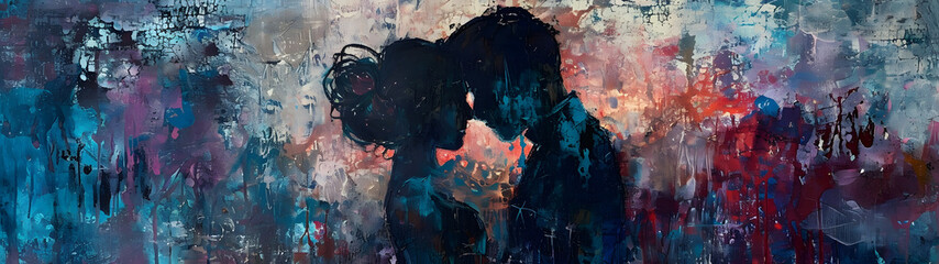 Painting of a Couple Kissing Under an Umbrella - obrazy, fototapety, plakaty