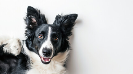 Playful border collie Australian shepherd dog laying on white floor, black and white dog, looking at camera, shot from above, room for type, pet care, pet health, dog food, veterinary concepts