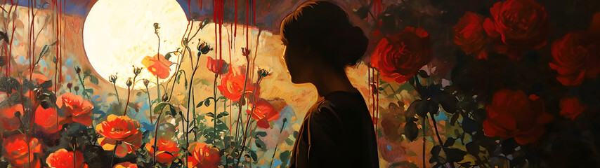 Woman Standing in Front of a Painting of Flowers