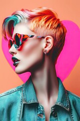Naklejka premium Urban Chic in Color: A pop art fashion photo, profile of a trendy girl with short haircut and sunglasses on heart shaped background.