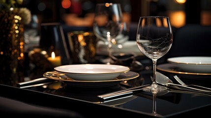 Refined Dining: Empty Plate and Glass in Contemporary Restaurant
