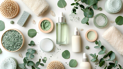 Flat lay composition with body care products and eucalyptus branches on white background