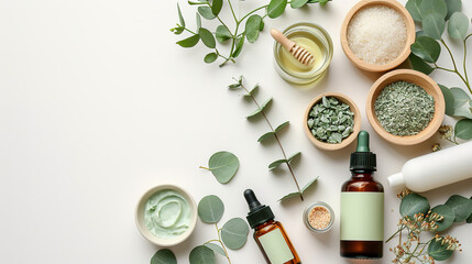 Flat lay composition with body care products and eucalyptus branches on white background