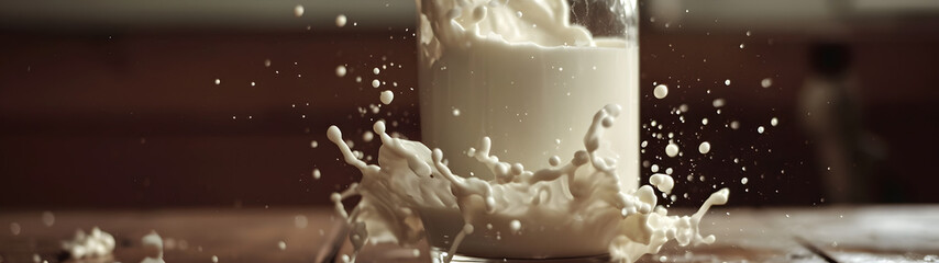 Glass of Milk Being Poured Into It, Refreshing and Nourishing White Liquid in Action - obrazy, fototapety, plakaty