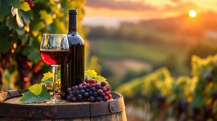 Wine bottle and glass on wooden barrel in vineyard at sunset