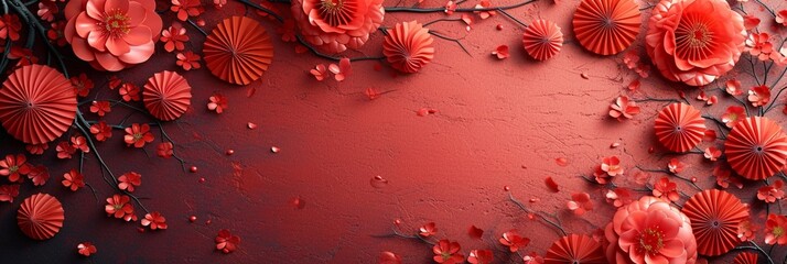 Chinese New Year celebration. Banner design with red paper fans decorations on red background..Chinese New Year celebration. generative ai - obrazy, fototapety, plakaty