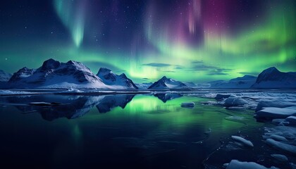 Fototapeta premium View of night sky with multicolored aurora borealis and snowy mountains peak background. Night glows in vibrant aurora reflection on the lake with forest. 