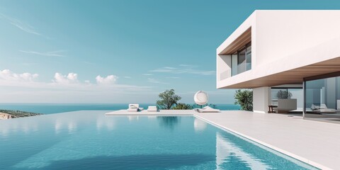 White minimalistic villa with swimming pool on the background of a blue sky