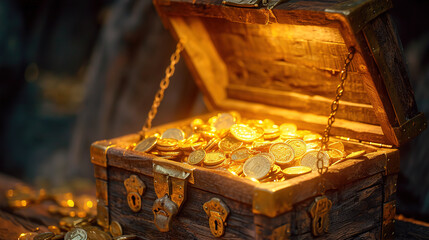 Chest with gold coins - obrazy, fototapety, plakaty