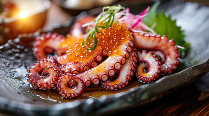 octopus in a plate with red caviar - obrazy, fototapety, plakaty