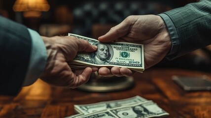 Corruption and Bribery,Businessman giving dollar bills corruption bribery to business manager to deal contract , generative ai - obrazy, fototapety, plakaty