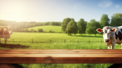  Empty wooden table top with grass field and cows background
