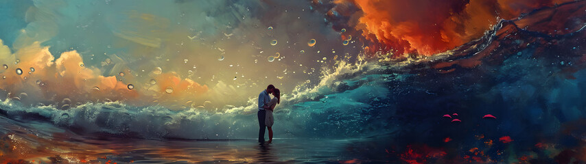 Fototapeta premium Painting of Person Standing in Middle of Body of Water