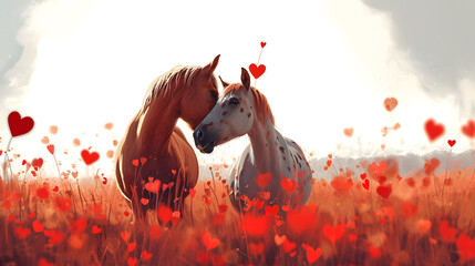 Horses Standing Together in Field, Serene Harmony of Companionship