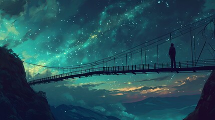 Silhouetted Figure on a Suspension Bridge Amidst Starry Night Sky Over Mountainous Terrain - obrazy, fototapety, plakaty