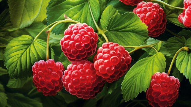 An intricately depicted raspberry bush with ripe, red raspberries nestled among the green leaves, showcasing their delicate form and color - Generative AI