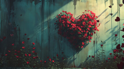 Heart-Shaped Arrangement of Red Flowers on Wall