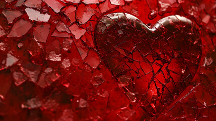 Broken Glass Heart on Red Background - Heartbreak, Symbolism, Fragility, Conceptual