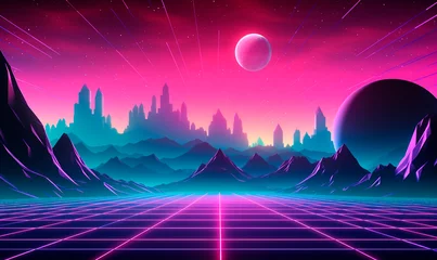Printed roller blinds Pink Synthwave mesh neon road with cyber mountains and hills. Glowing 3d night with purple digital planet and straight highway going to moon on horizon in 80s vaporwave design