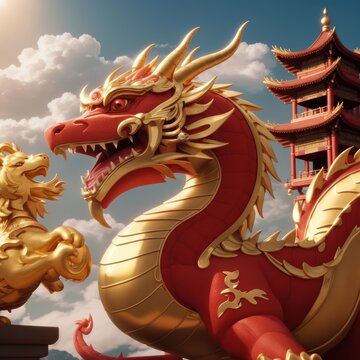chinese new year, chinese style dragon statue, iconic dragon, wallpaper dragon, red dragon, dragon wood, ilstration dragon, sio naga, imlek tahun baru	