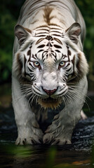 Naklejka premium Photo of white noble tiger running through water