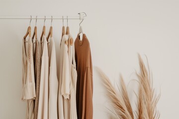 Well arranged closet showcases a range of neutral colored womens clothing, exuding simplicity, elegance. Neatly Organized Monochrome Toned Wardrobe. Organization of space at home